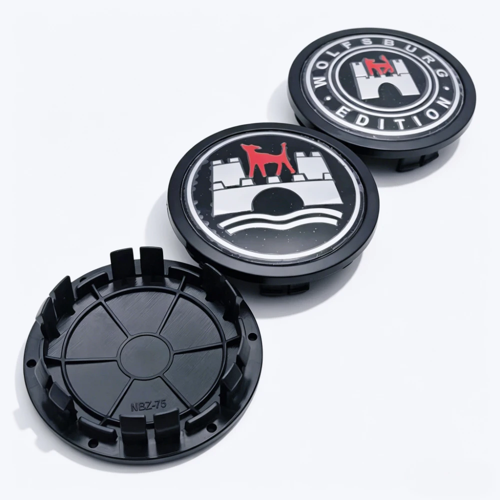 4 Stück 75mm (Clips 65mm) Wolfsburg Logo Emblem Abzeichen Auto Radnabenkappen Radabdeckungen Felgenstaubschutz Radnabenabdeckung Autozubehör