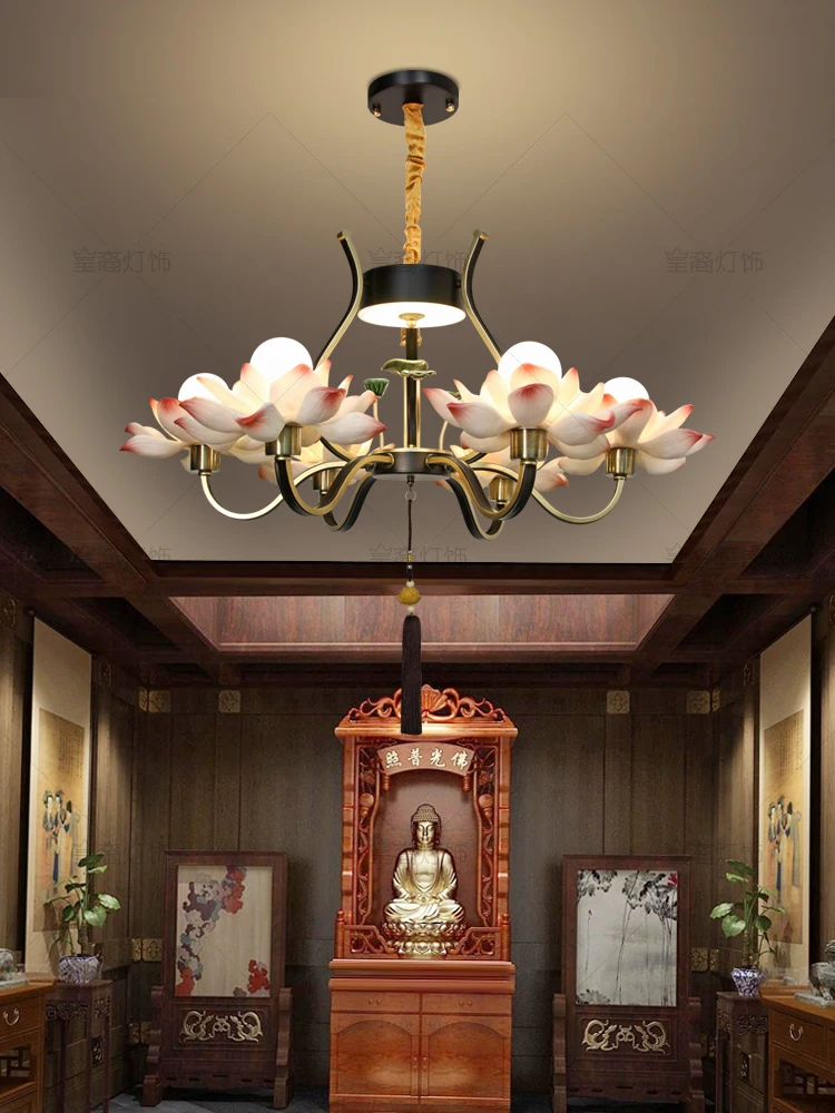 New Chinese Style Living Room Lotus Chandelier Zen Chinese Style Buddhist Hall Antique Lotus Tea Room Dining Room