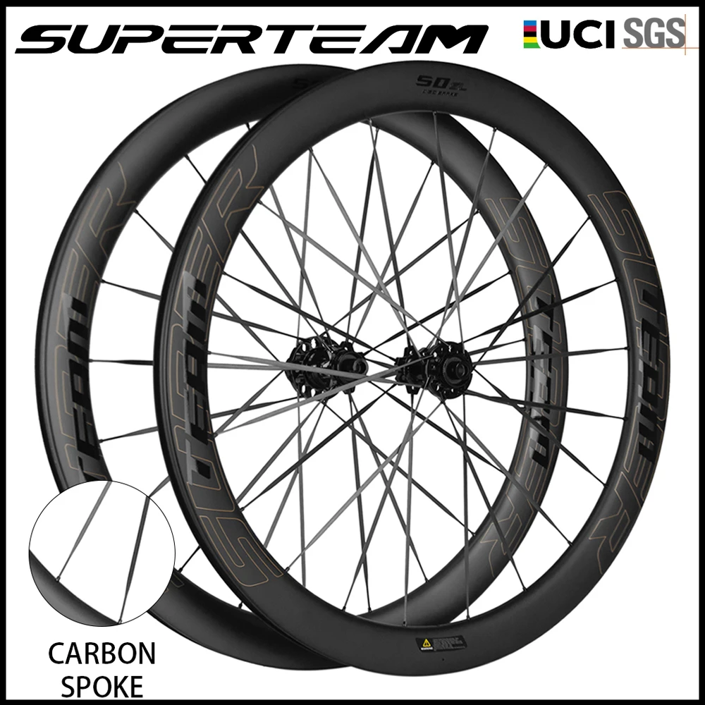 SUPERTEAM-Carbon Spoke Wheels 700C Road Bike Disc Brake Wheelset UCI Quality Carbon Rim Center Lock Or 6-bolt Lock Road Cycling 