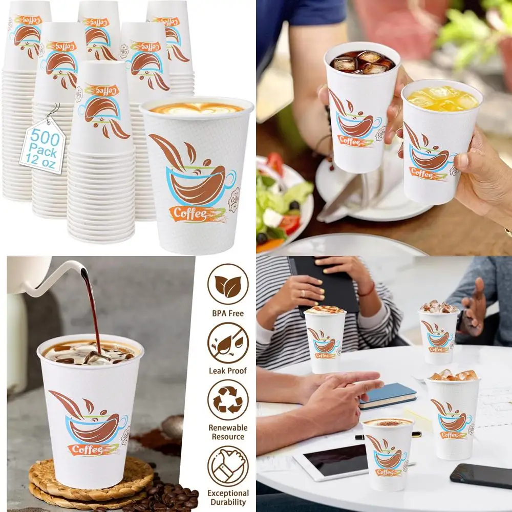 

Одноразовые бумажные стаканчики для кофе на 12 унций — 500 упаковок изолированных герметичных стаканчиков для горячих и холодных напитков, идеально подходят для кафе, офиса, домашнего использования