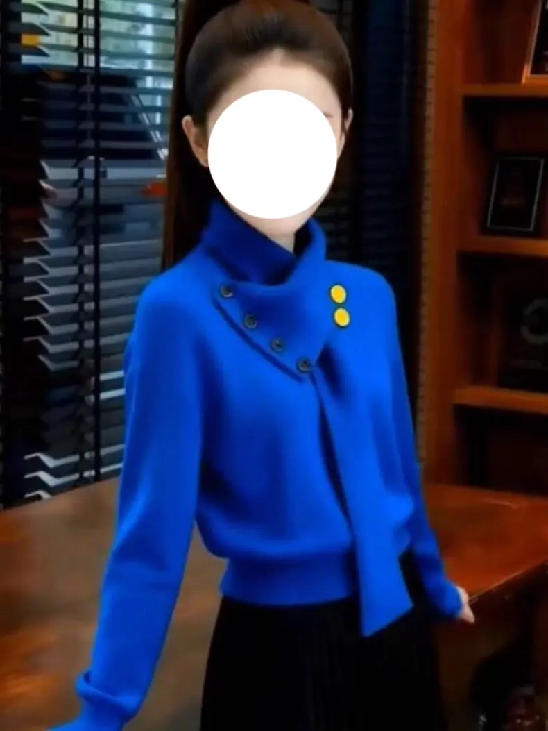 

Синий мягкий уютный женский свободный крой с высоким воротником, модный осенне-зимний топ для похудения, дизайн талии, повседневный длинный све