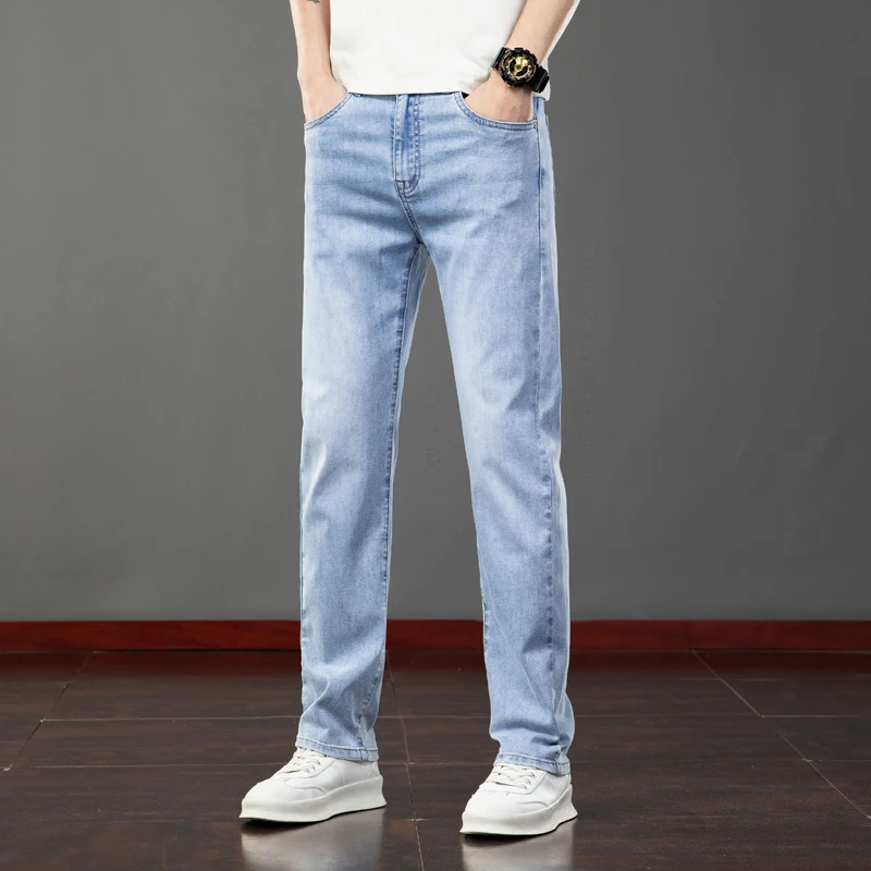 Spring Summer Thin Slim Fit Jeans Mens Elastic Straight Casual Business Denim Pants Washed Classic Brand Clothing Men Trousers
