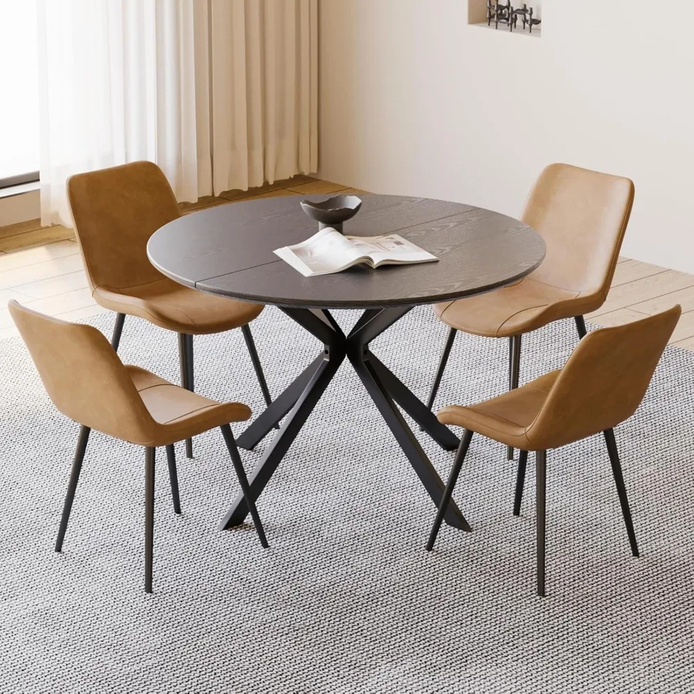 

Круглый обеденный набор «46,4» — 4 стула из искусственной кожи и стол из МДФ с X-образной основой, простая сборка для столовой.