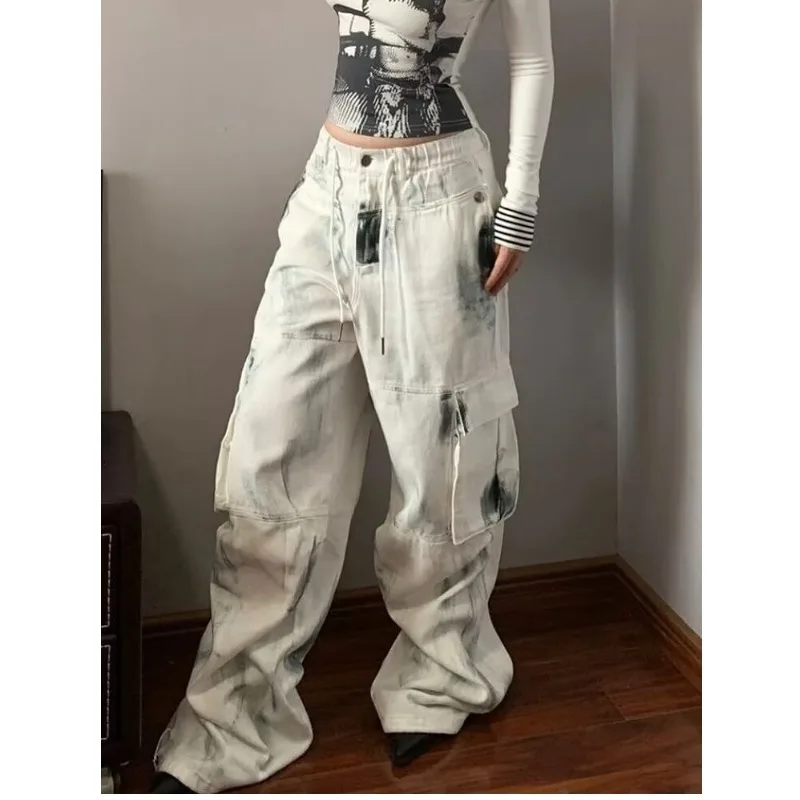 جينز نسائي واسع جينز نسائي سبان شوجو فتاة نمط الدنيم الطبقة السراويل البيضاء جان Y2k Coquette ملابس امرأة السراويل عالية الخصر