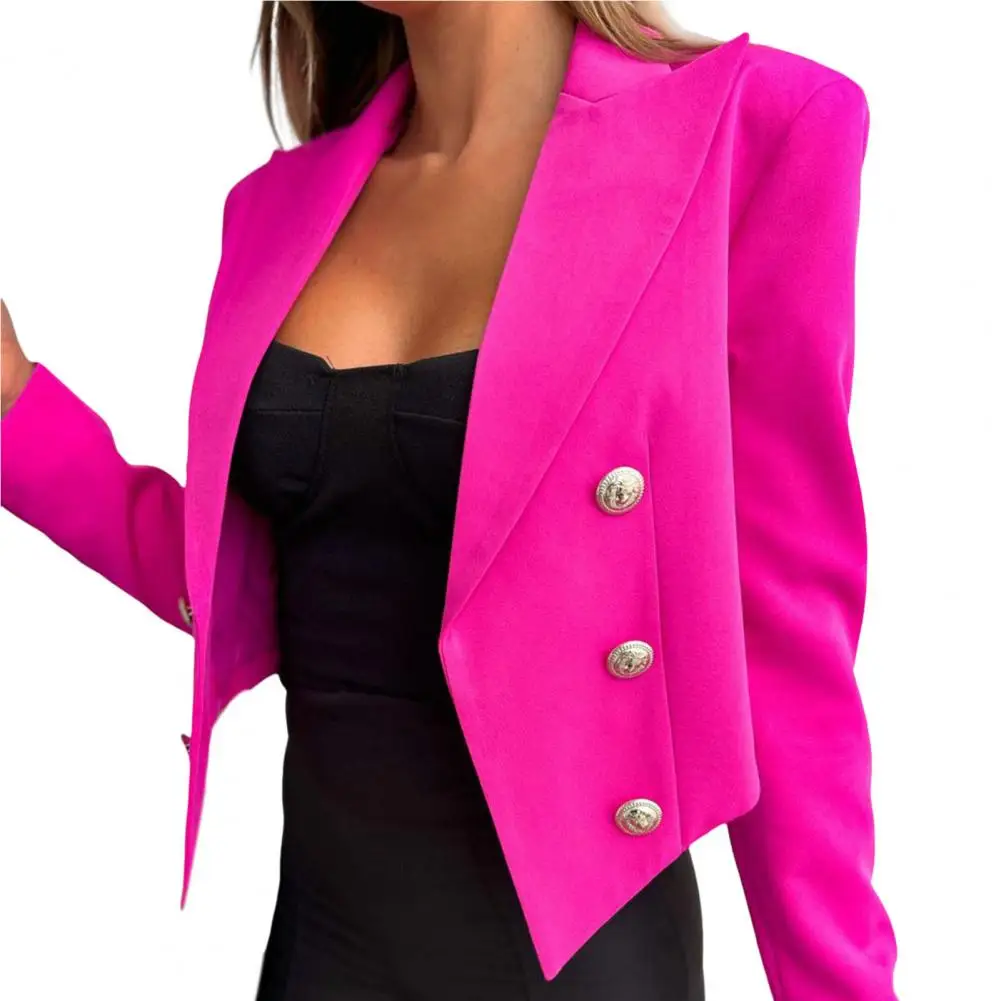 Long Sleeve Solid Color Women Blazer Double-breasted Placket Lapel Short Suit Jacket Fashion Stylish Formal Office Ladies Clothi