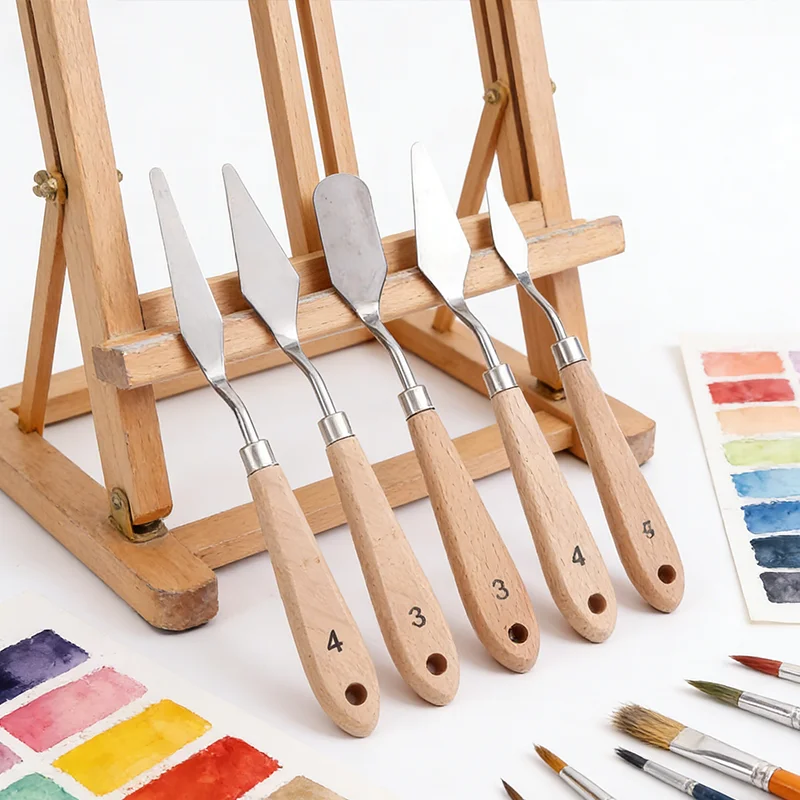 5Pcs Wooden Handle Painting Palette Knives Set Stainless Steel Art Spatulas for Acrylic Oil Paint Mixing Scraping Art Supplies view 5