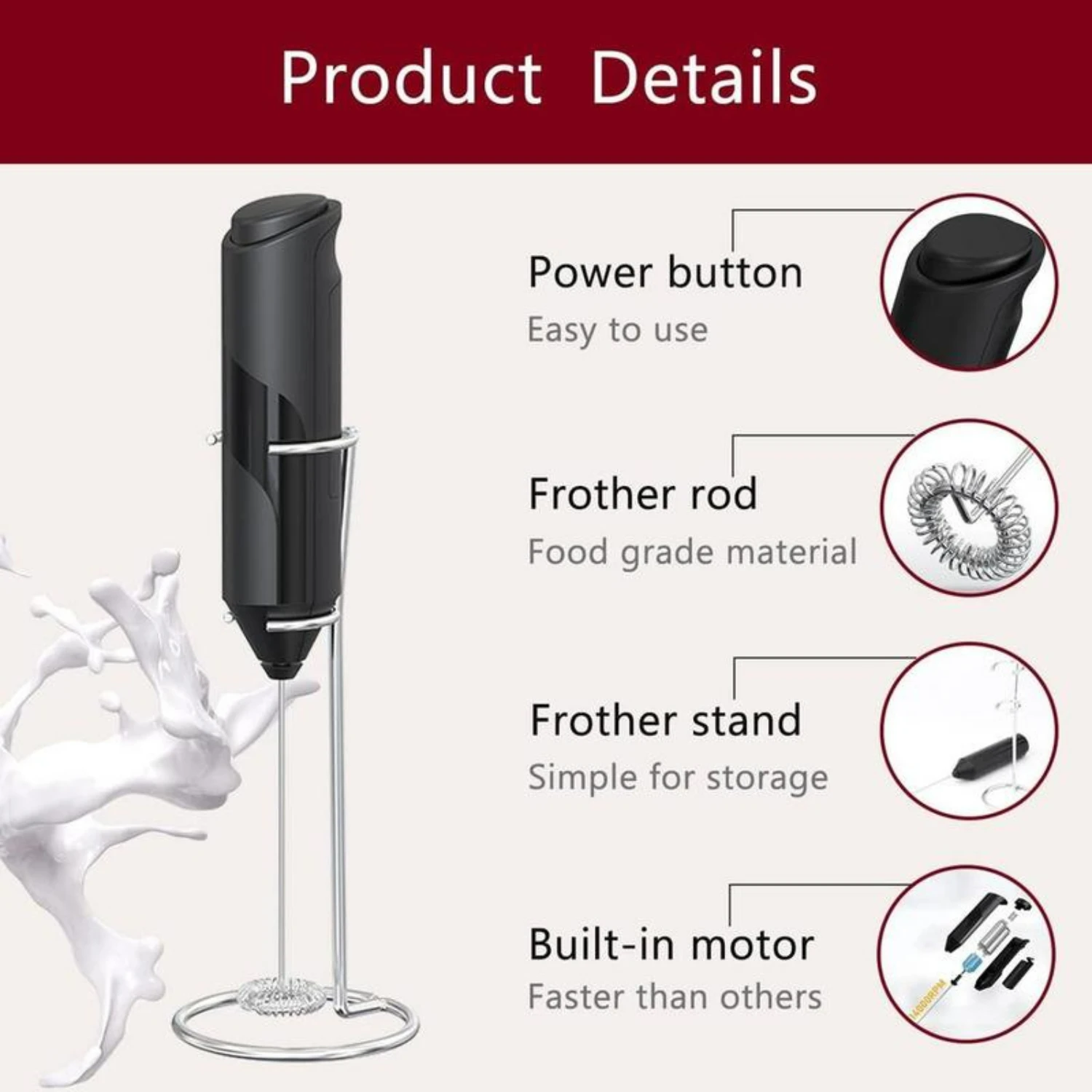 Battery Powered Handheld Milk Frother - Stylish Stainless Steel Stand - Convenient Drink Mixer - Versatile Foam Maker - Essentia