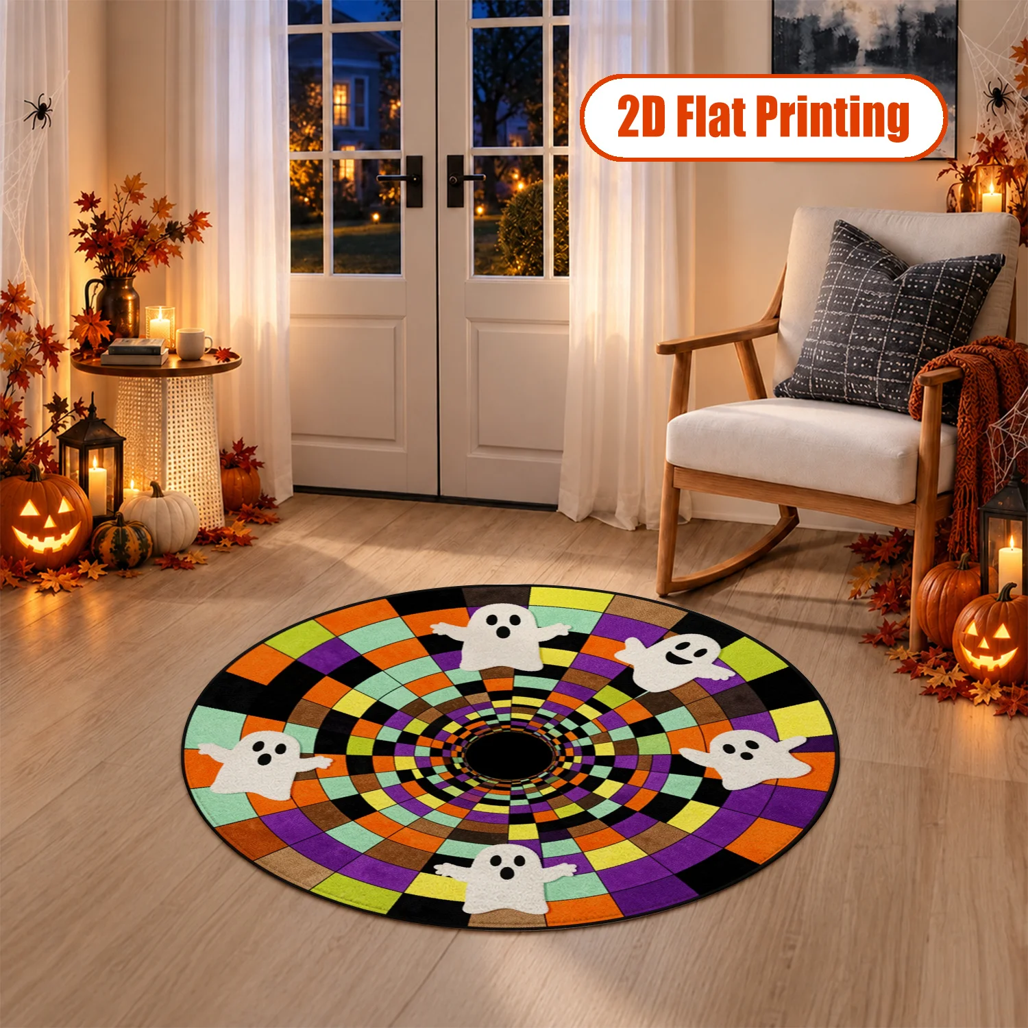 Playful Ghost Pattern Multicolor Geometric Spiral Round Area Rug, Velvet Fabric, Machine Washable, Soft Plush Surface, Perfect for Living Room, Bedroom, Entryway, Halloween, Thanksgiving, Christmas, New Year Holiday Decor