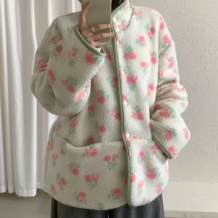 سترة نسائية أنيقة للخريف والشتاء بطباعة زهور، قميص مخملي، جاكيت حلو ورقيق وأنيق متعدد الاستخدامات يمكن ارتداؤه على الوجهين