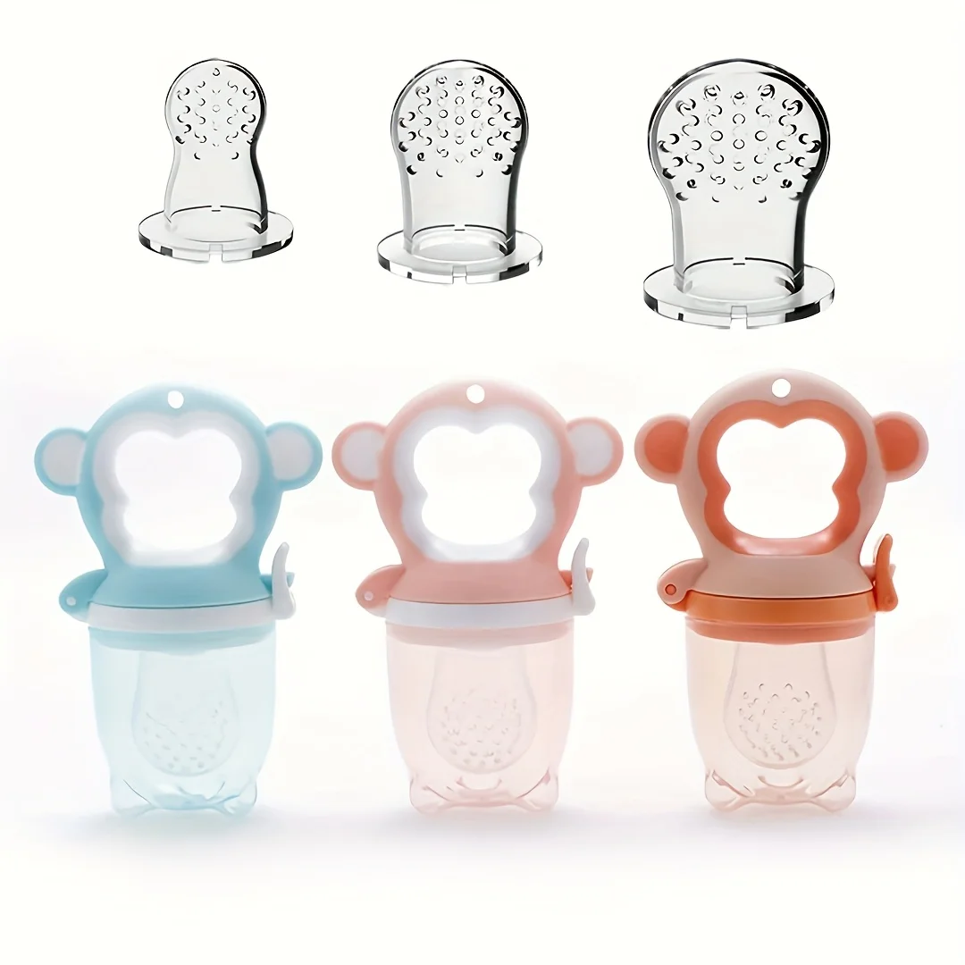 4pcs/set Monkey-Shape Baby Fruit Feeder with Easy-Handle Ring & 3pcs Silicone Mesh Bags-Size S, M, L