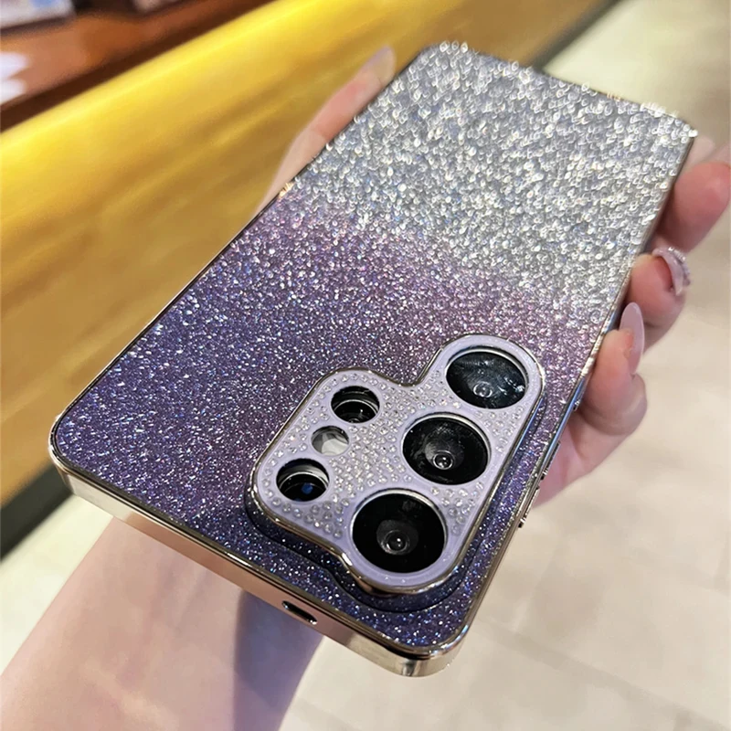 Gradient Glitter Plated Frame Phone Case Suitable for Samsung S25, S26 Ultra, S24, S23 FE Plus, Shockproof Shiny Rhinestone Lens