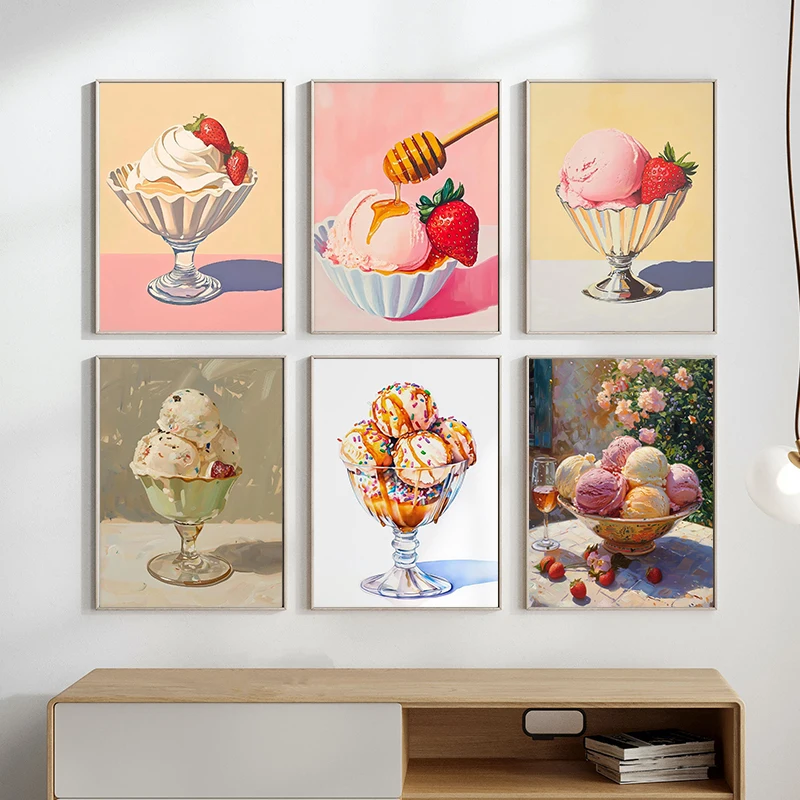 Summer Delicious Strawberry Honey Spherical Cup Sweet Ice Cream Art Poster Canvas Printing For Living Room Bedroom Home Decor