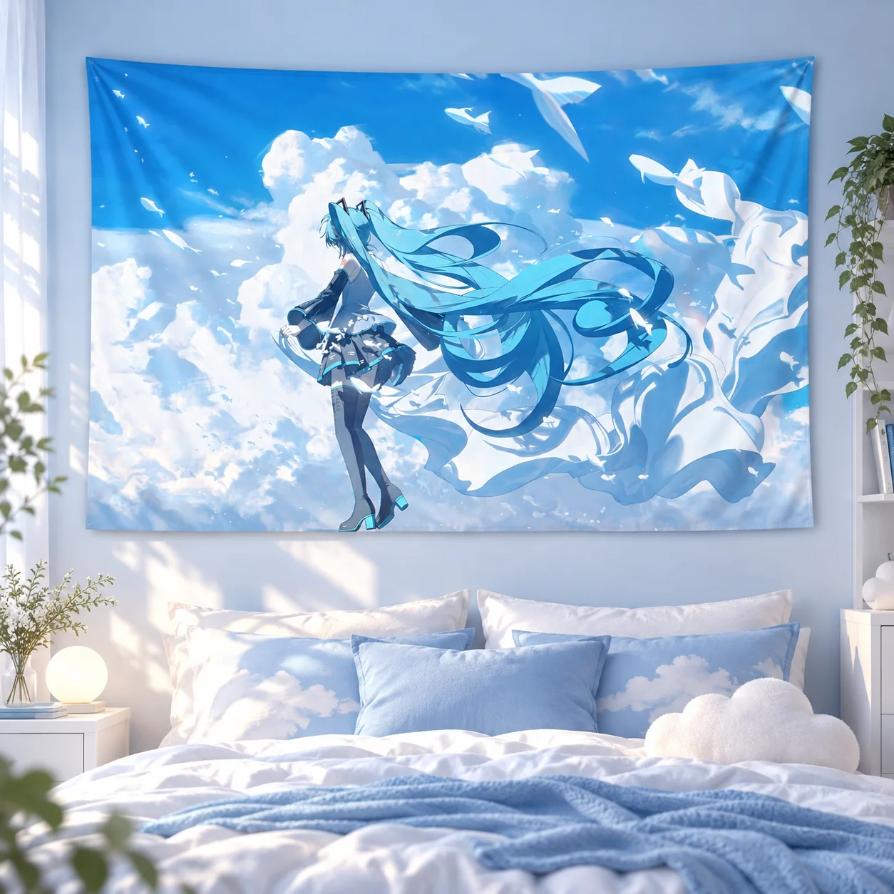 Anime Tapestry Blue Sky Cloud Whale Scene Wall Hanging Aesthetic Bedroom Dorm Room Decor Background Cloth Vocaloid Otaku Home