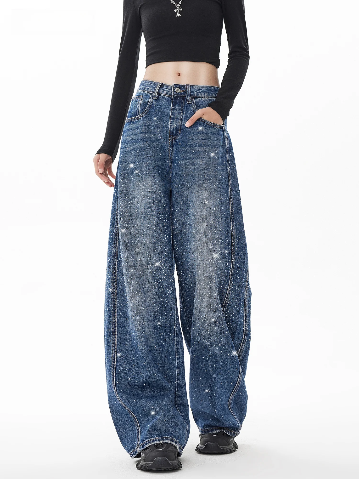 

Модные женские джинсы с высокой талией и широкими штанинами, украшенные блестящими стразами, в уличном стиле, из комфортного хлопкового материала