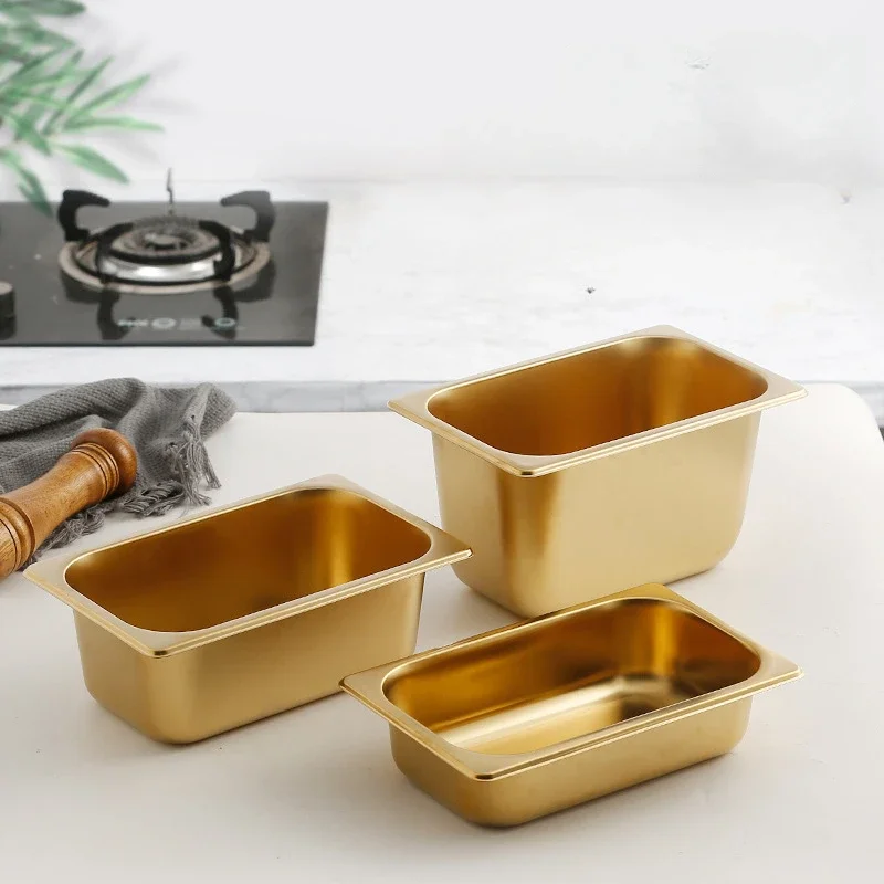 Golden Food Buffet Basin Plates 304 Stainless Steel Square Pots Tray Dishes Sauce Box Jam Boxes Canteen Fast Food Truck Dish