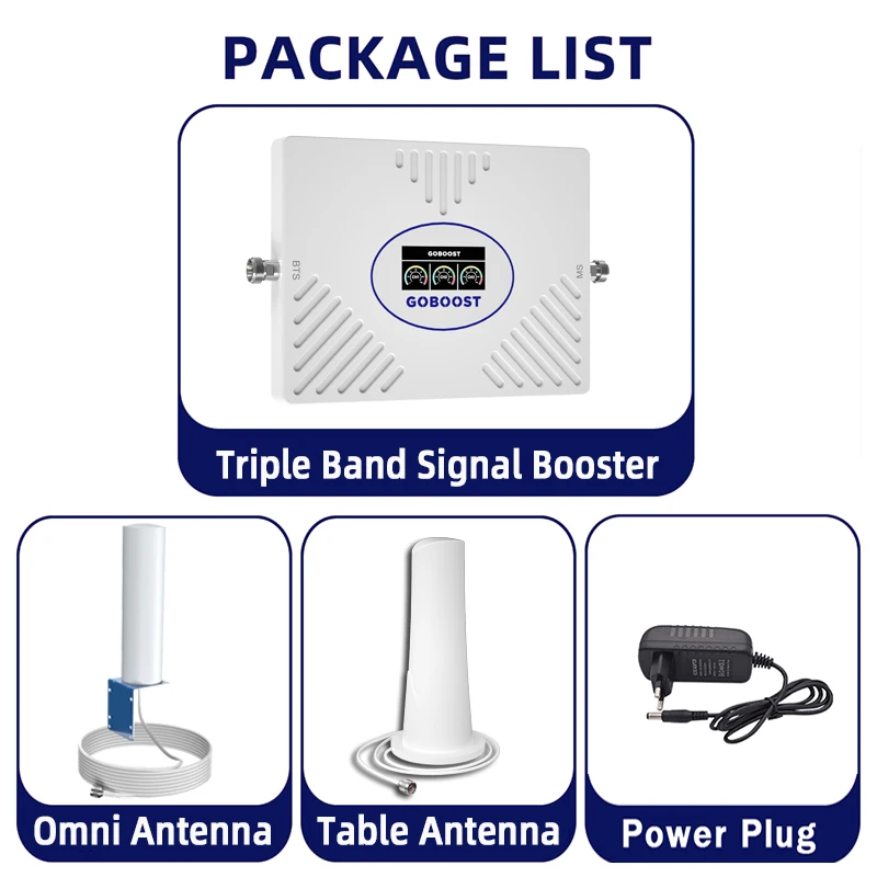 GOBOOST 3g 4g 5g 3-band Cellular Amplifier 70dB 700 900 1800 2100 2600MHz Network Signal Booster Cell Repeater 360° Antenna Kit