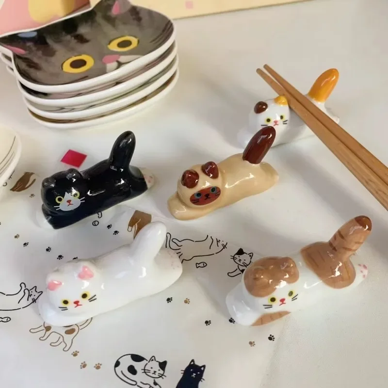 Ceramic Cute Cat Chopstick Holder Tableware Japanese Style Underglaze Restaurant Simple Oval Spoon Bracket Utensil for Kitchen