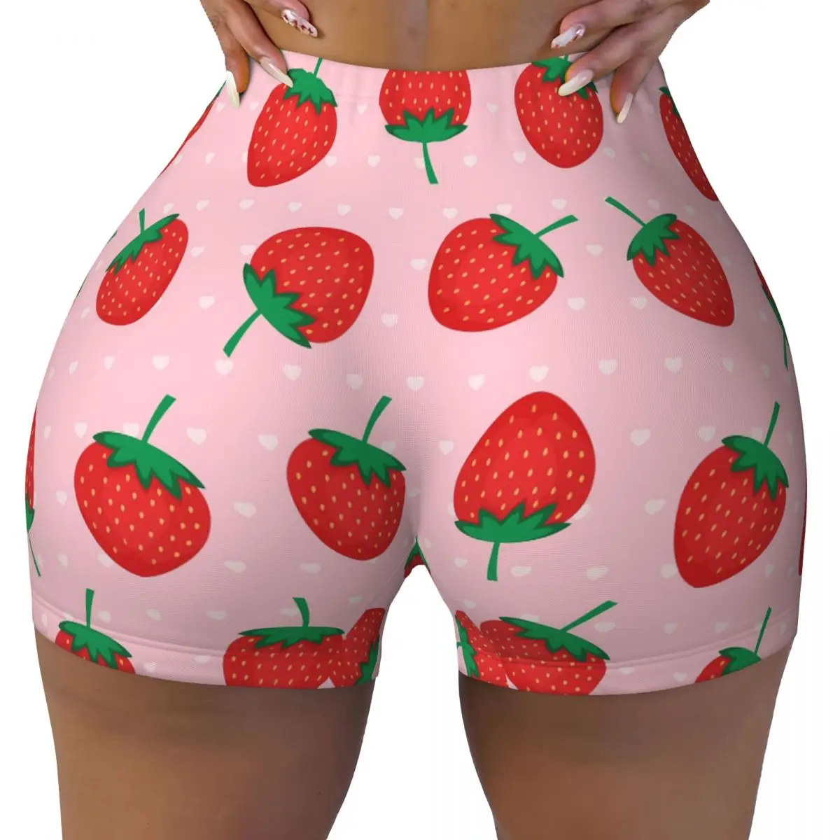 

Розовые летние шорты для йоги с клубничным принтом на заказ, женские шорты для тренировок в тренажерном зале, спортивные волейбольные байкерские шорты для бега