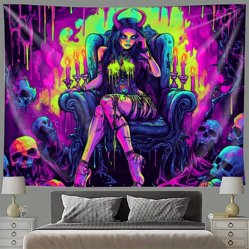 VIKAMA Bull Horn Witch Skull Candlestick psychedelic Tapestry Wall Art Hanging for Bedroom Living Room Decor Dark Subcultural