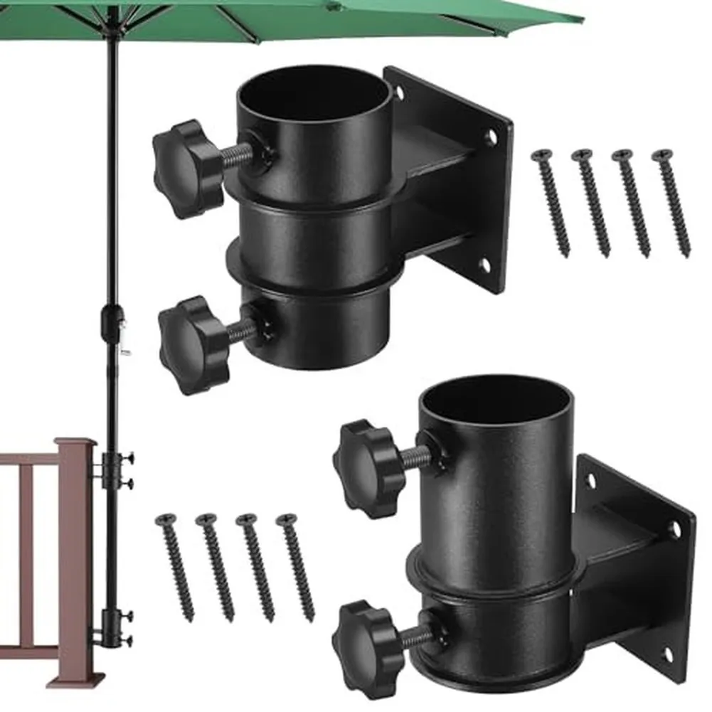 Umbrella Stand Mount for Deck with Two Clamps Iron Bracket for Outdoor Umbrella Pole Support 1.3 to 2.1 Inches