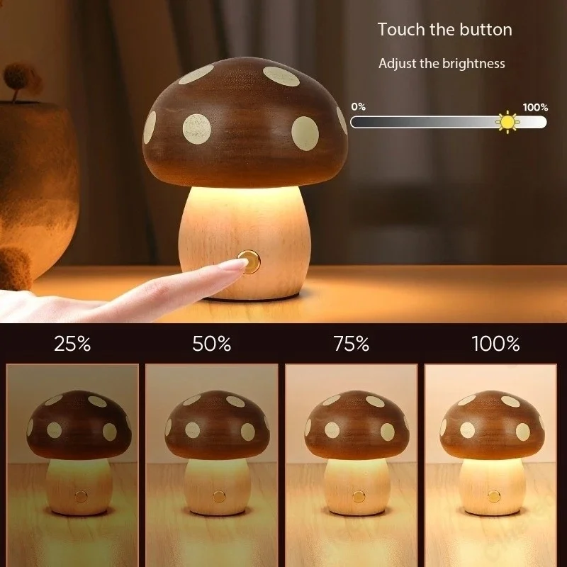 Creative Solid Wood LED Mushroom Night Light Bedside Atmosphere Lamp Desk Lighting for Bedroom Kids JJ4766