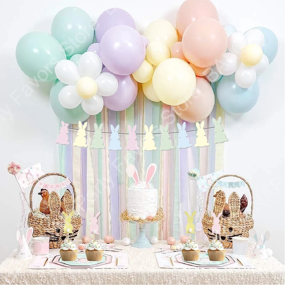 イースターカラーのウサギのプルフラグ,バルーン,マカロンの色,屋内ガーデン,ベビーシャワー,誕生日パーティーの装飾,38個