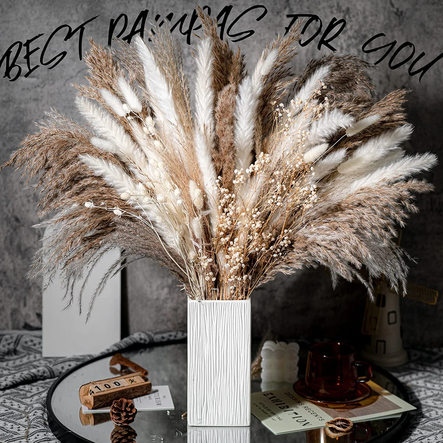 

80PCS Natural Dried Pampas Grass Bouquet Boho Home Decor Bouquet Phragmites Bouquet for Wedding Ramadan Decoration