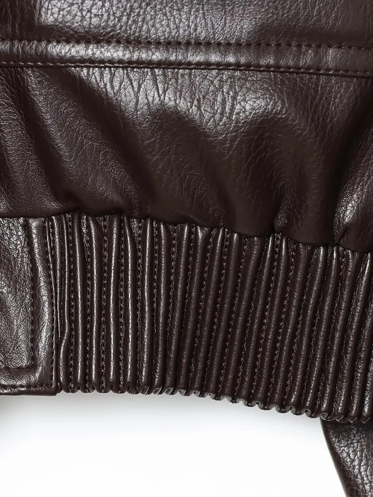 Chaqueta de cuero PU con cuello levantado para mujer, estilo europeo, versátil, elegante, holgada, color sólido