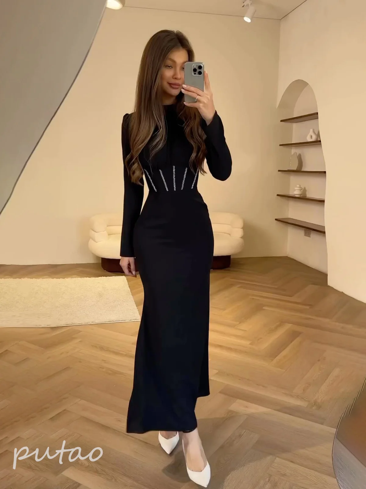 Elegant 2024 Pleated Lace-Up Slim Long Dress For Women Elegant Long Sleeve Irregular Fashion High Waist Maxi Dress Female Gown