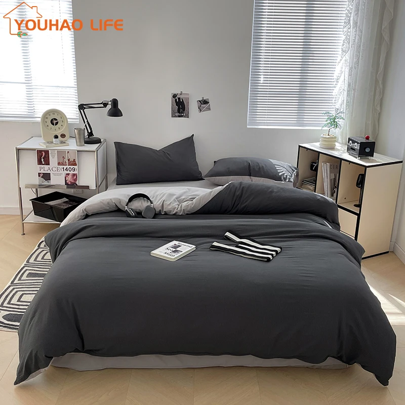 

Super Soft Jacquard Bedding Set, 100% Cotton, Duvet Cover, Flat Sheet,Pillowcase,Black, Light Gray, Double Color, 4 Pcs