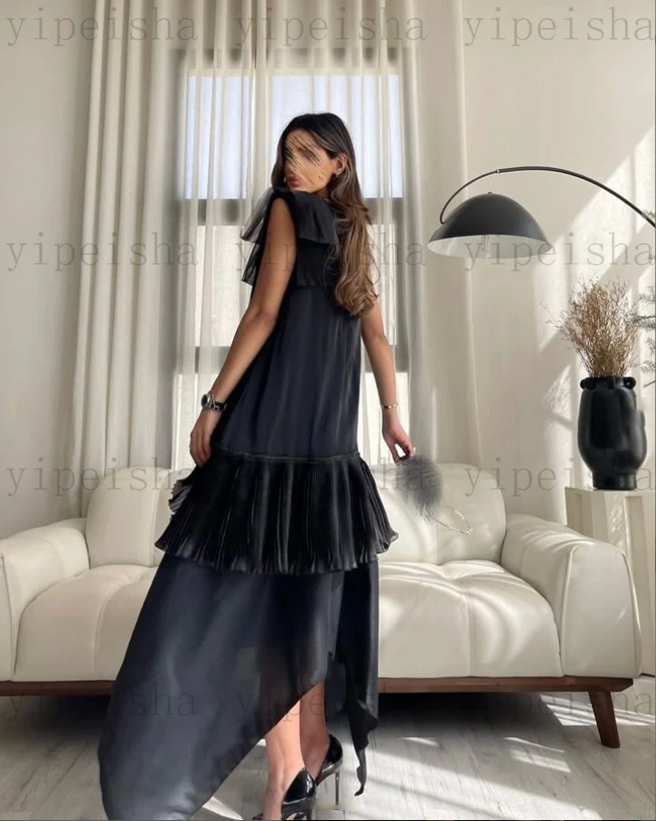 Customized O-Neck asymmetric Evening Dresses Ruffles Draped Ankle-Length Sleeveless Long Prom Gown Sinple Birthday party dress image 2