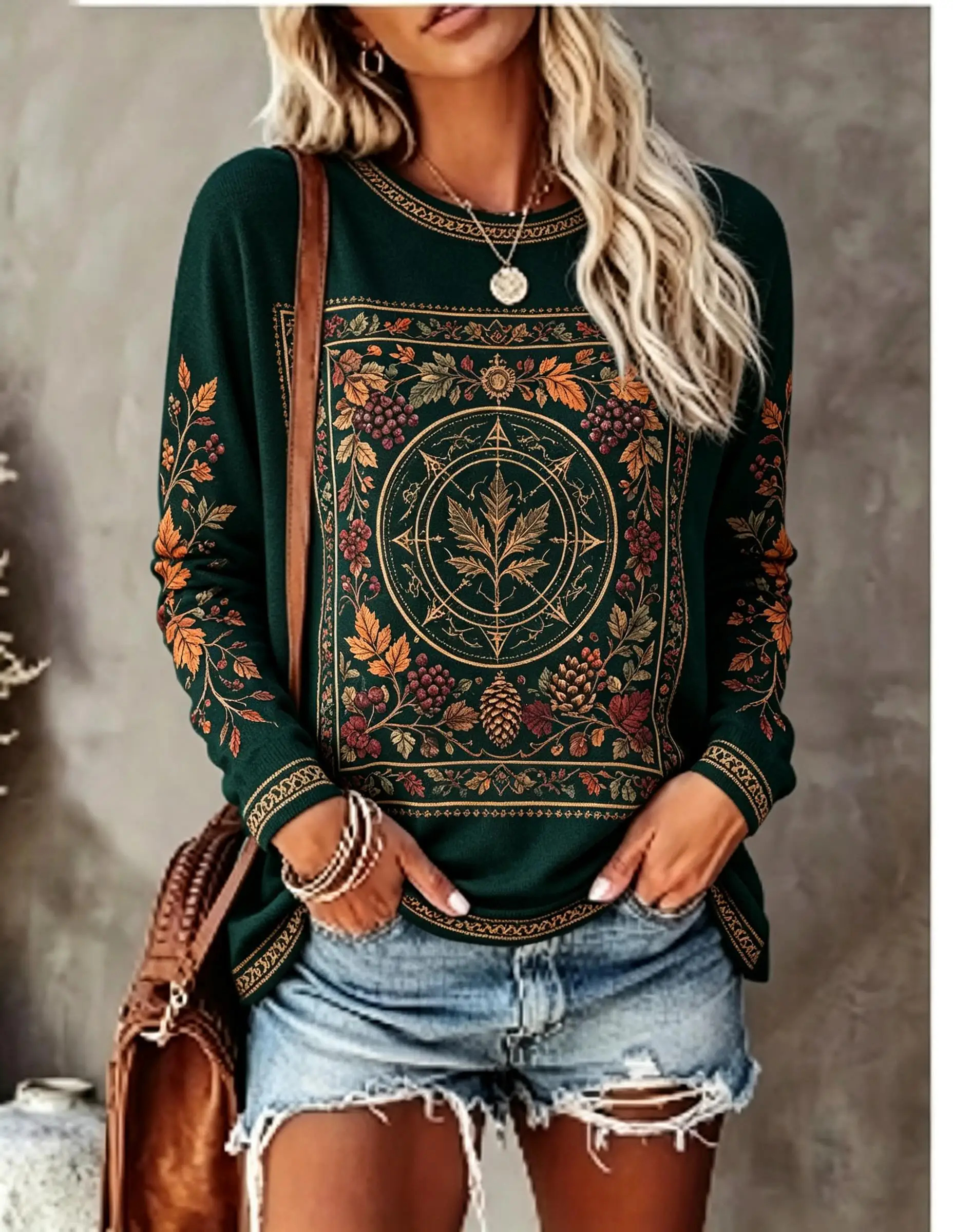 Women Crew Neck Long Sleeve T‑Shirt, Vintage Autumn Maple Leaf Pine Cone Floral Print Casual Loose Pullover Tops