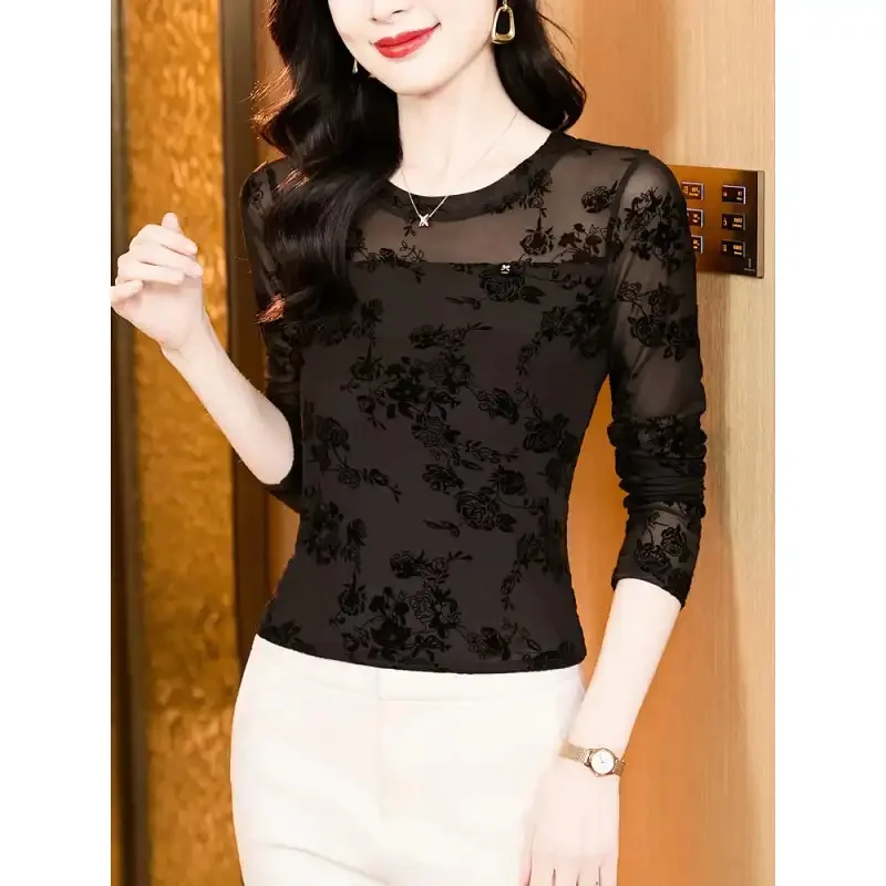 

Женская элегантная блузка с цветочным принтом, сетчатая, с круглым вырезом, длинными рукавами, облегающая, прозрачная, повседневная