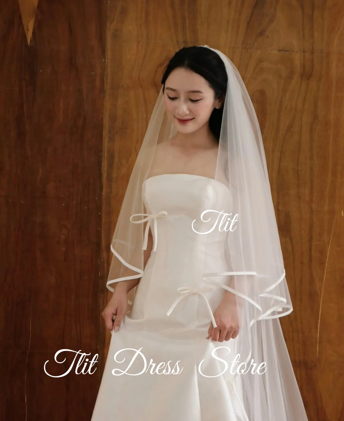 TLIT Einfaches Brautkleid in A-Linie aus elfenbeinfarbenem Seidensatin, maßgeschneidertes trägerloses Brautkleid mit Schleifen, Korea-Hochzeitskleider, Fotoshooting