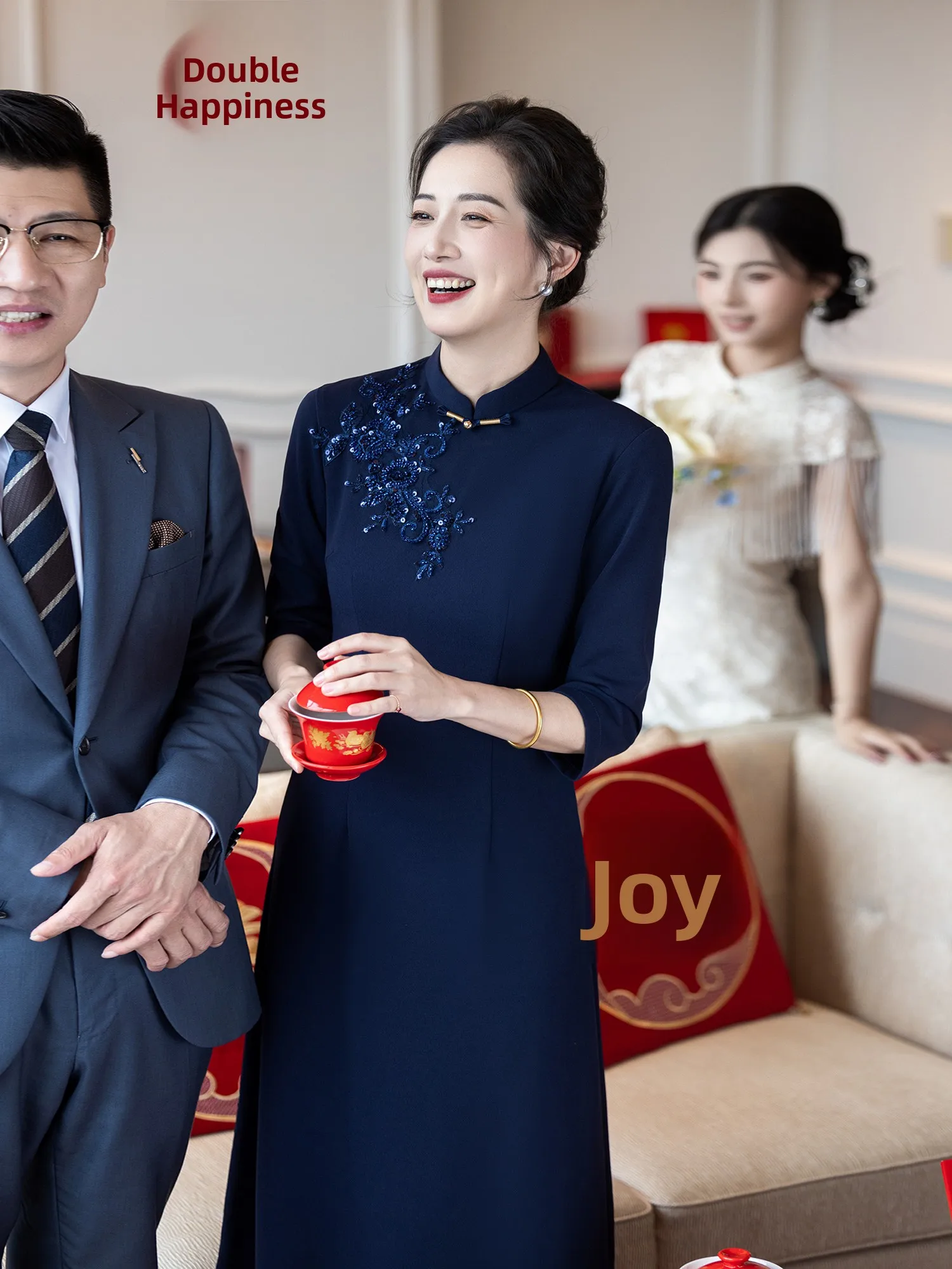 

Blue Long Sve Wedding Dr Chinese Sle New Year Performance Women's Faion Retro Design Bead Embellied Lon...