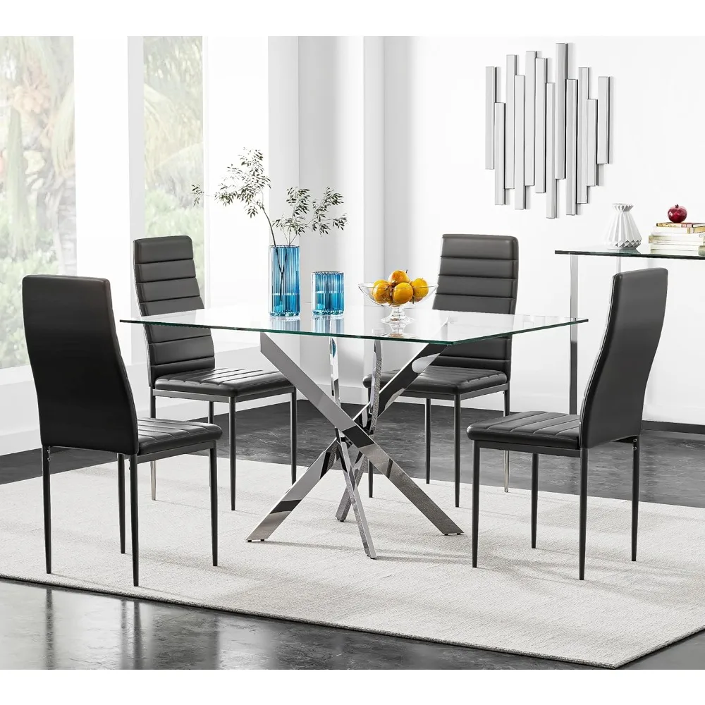 5 Piece Dining Table Set, Tempered Glass Dining Table Set 4 Kitchen Set 4 Upholstered Chairs Kitchen (Sliver Table Black Chair)