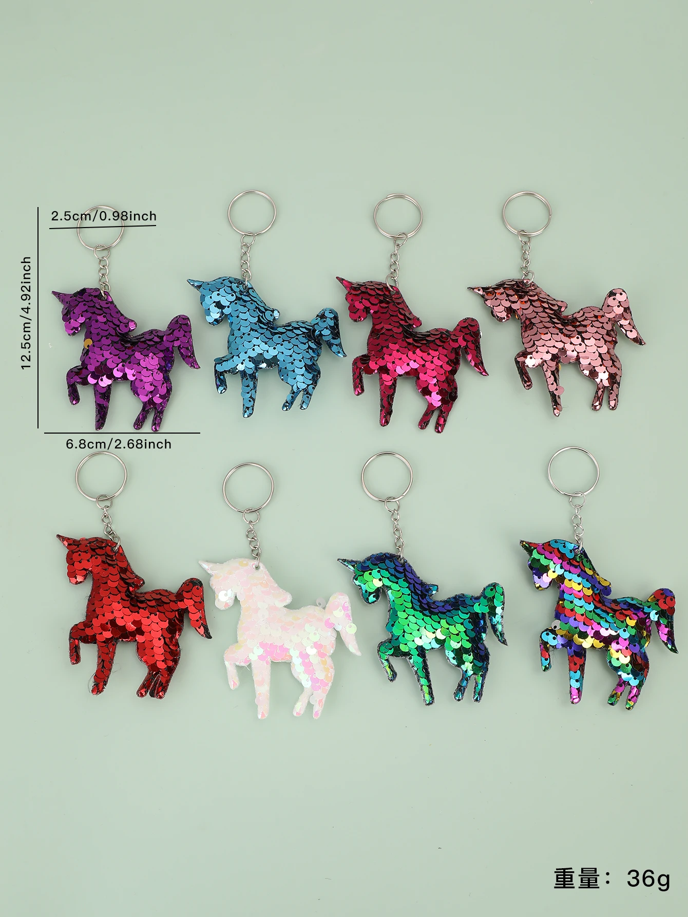 8pcs Cute Horses Glitter Sequins Charm Keychain Fashion Cartoon Colorful Bag Key Chain Ornament Purse Charm Accessories