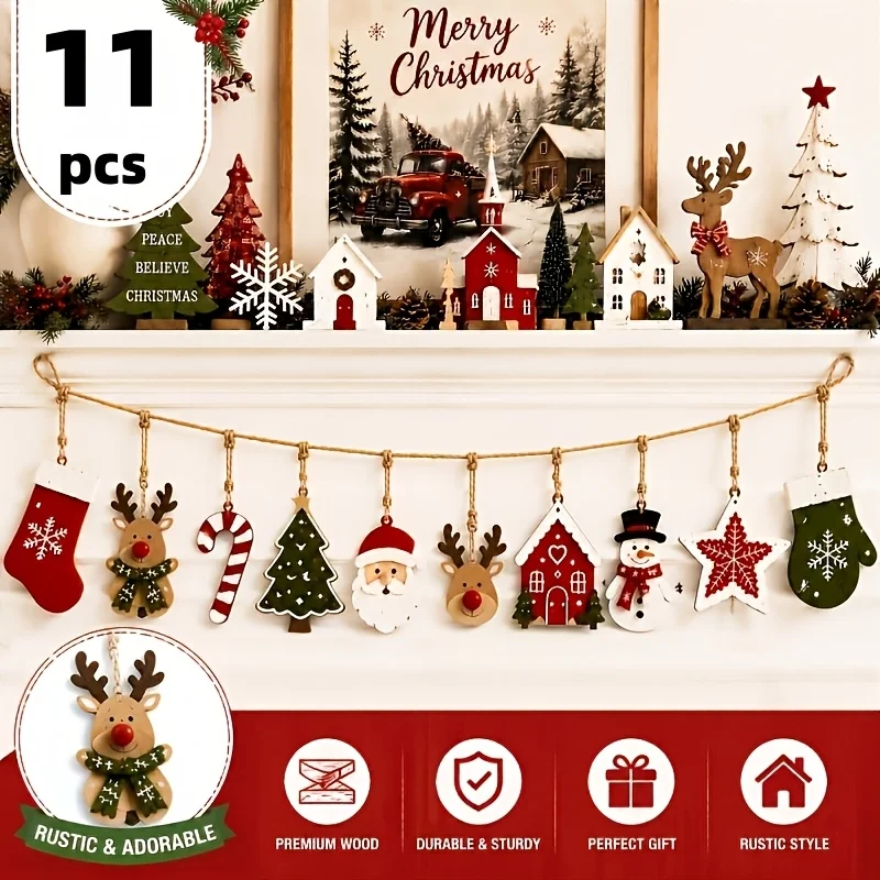 10 Pcs Christmas Wooden Ornaments Rustic Hanging Decor Set Santa Reindeer Snowman Tree House Star Stocking Winter Home Holiday