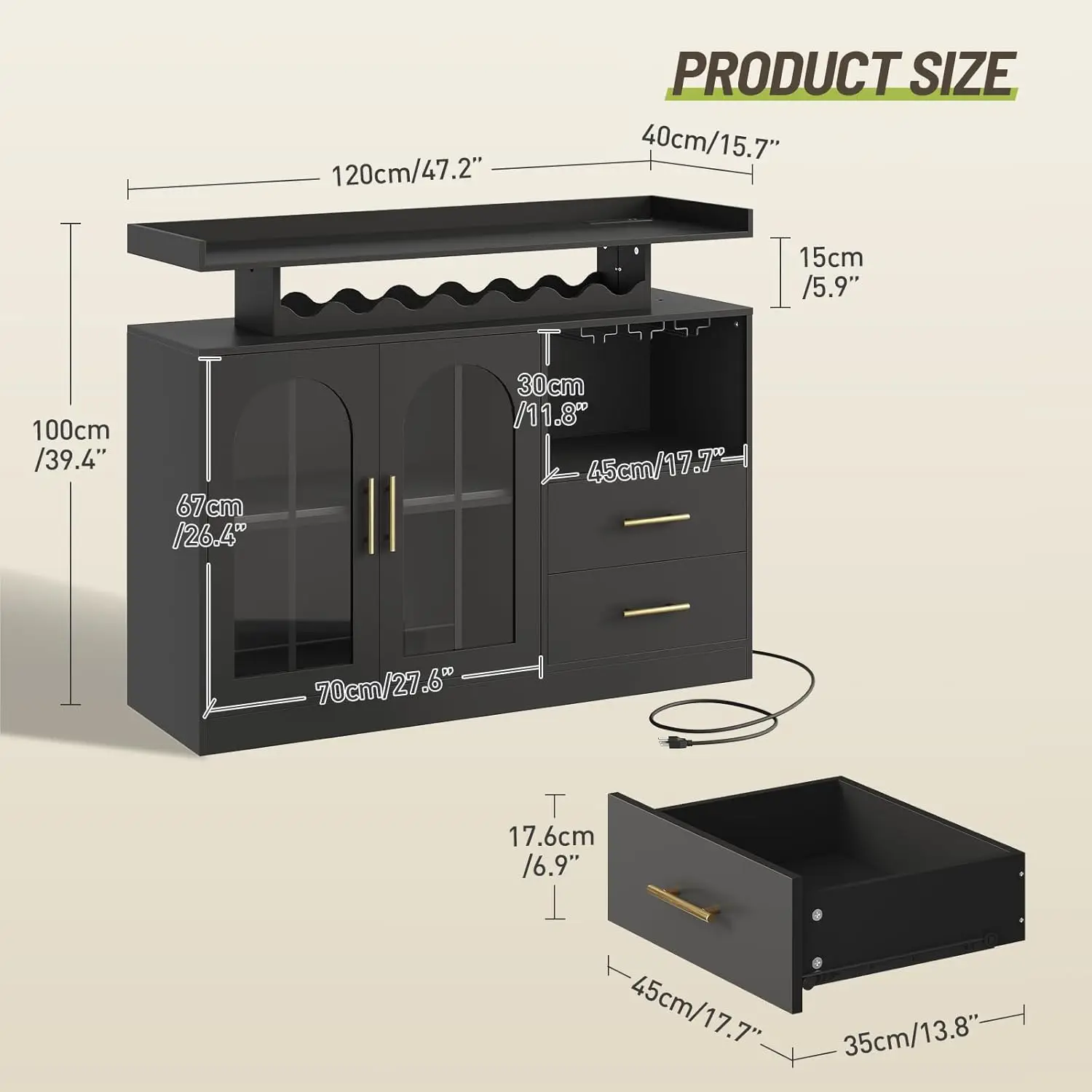 LED Bar Cabinet Wine Storage Buffet Sideboard with Charging Station Glass Rack Drawers for Kitchen Dining Room, Customized