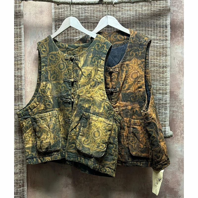 

2025 New Arrival Autumn Winter Women Casual Loose O-neck Single Breasted Outerwear & Coats All-matched Tie Dye Cotton Vest S148