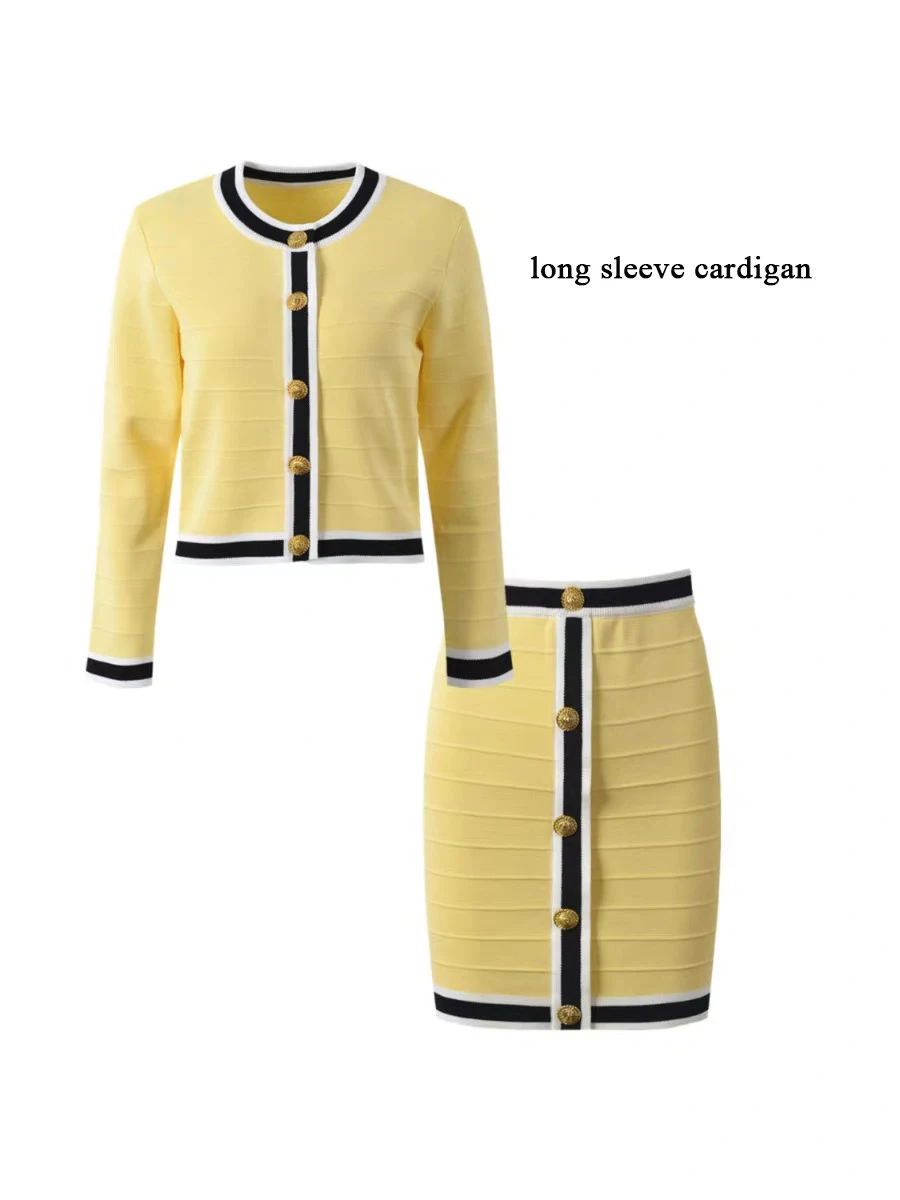 2024 Lady Fall Winter French Style Long Sleeve Women Single Breasted Colorblock Skinny Knits Cardigan High Waist Skirt C-185