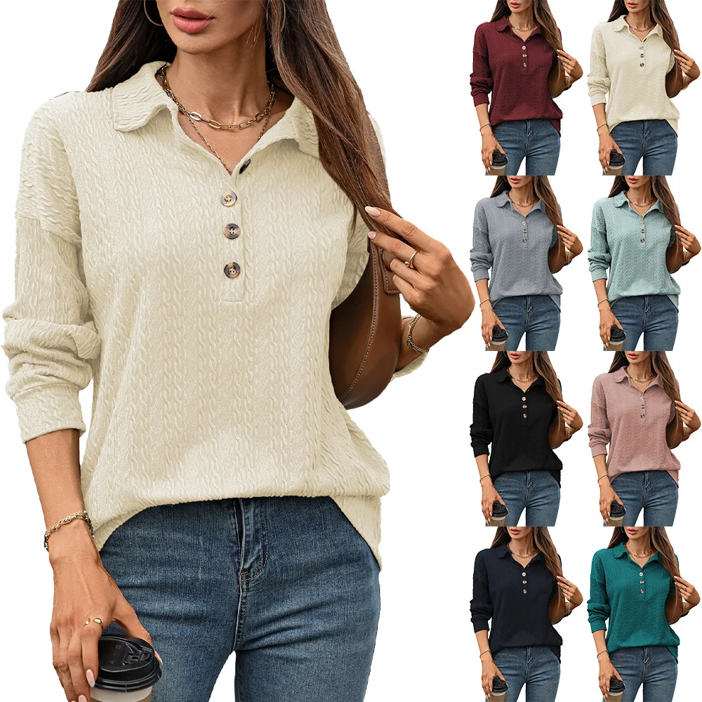 

Women's Knitted Shirts Autumn Solid Color Turn-down Neck Button Hoodie Loose Long Sleeve Jacquard Casual Formal Lapel Blouses