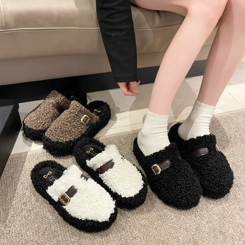 Warm Lamb Hair Slipper Women Korean Fashion Plush Mule Slippers 2024 Retro Outdoor Soft Cork Buckle Flat Slides Slippers