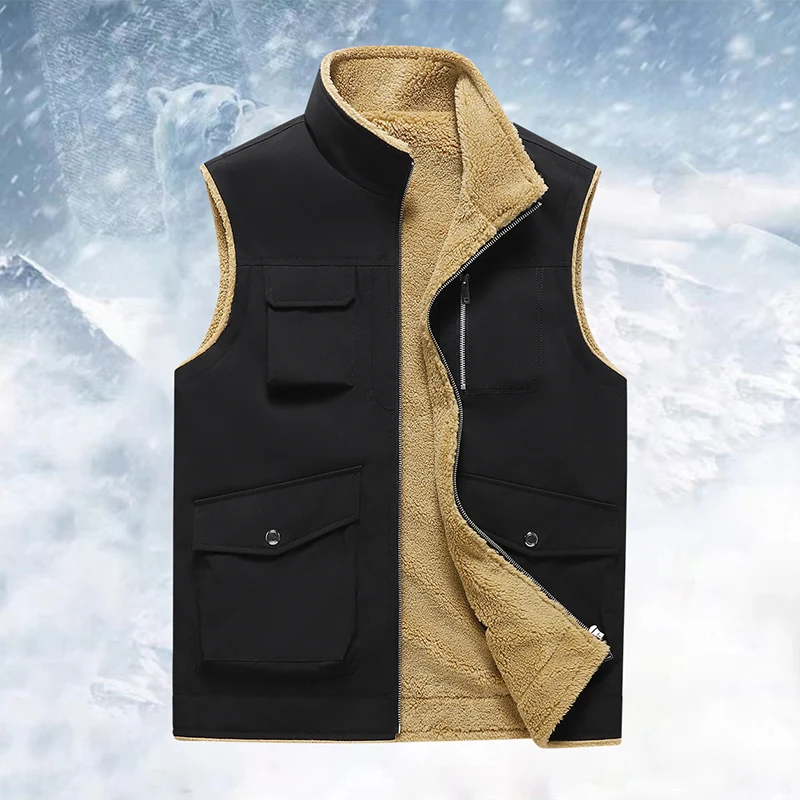 

Men's plush vest with multiple pockets, workwear, horse clip stand collar, thin plush vest, men's thick outdoor sports