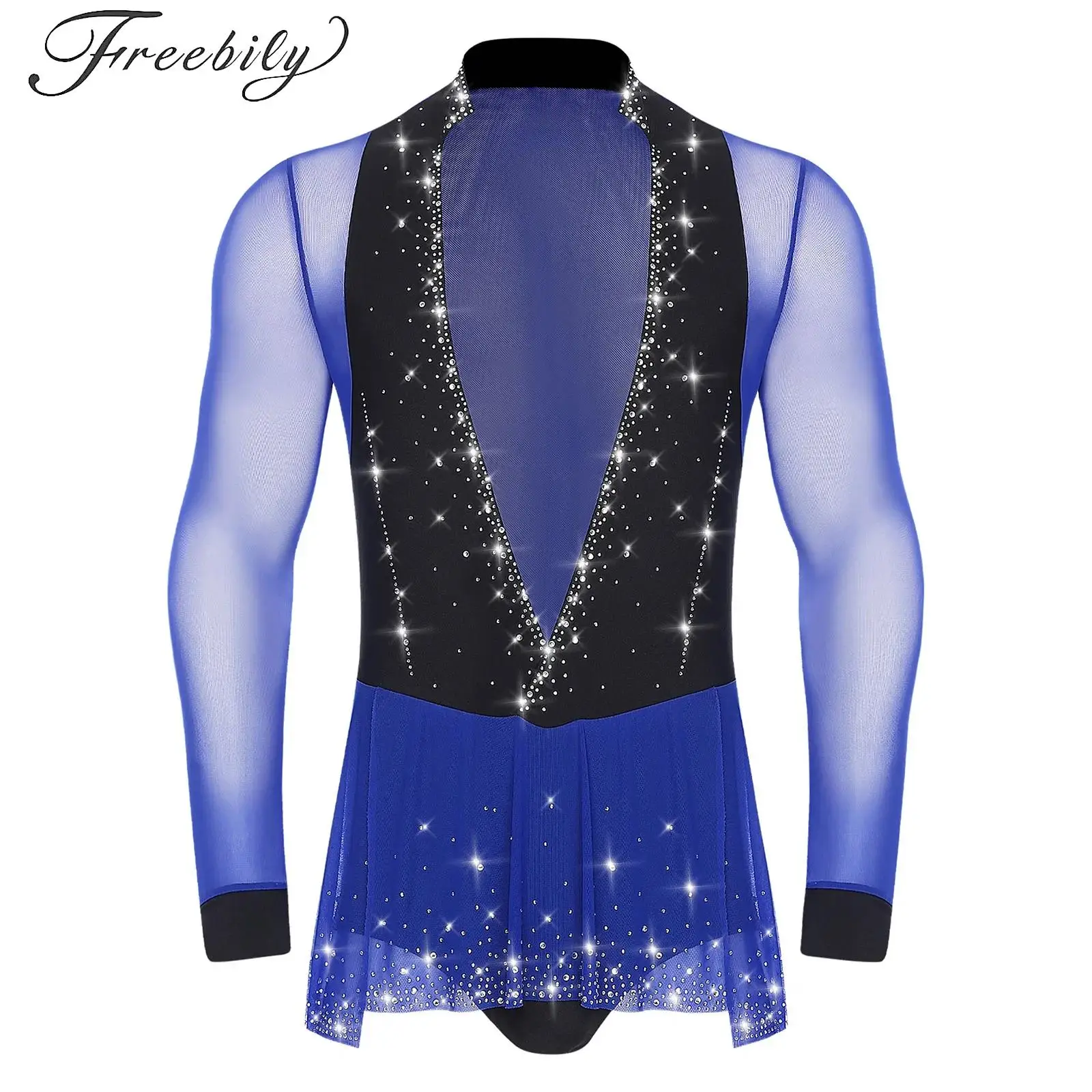 

Deep V Neck Mens Gymnastics Figure Skating Leotard Latin Dance Shirts Sheer Mesh Long Sleeve Ballroom Tango Rumba Bodysuit Tops