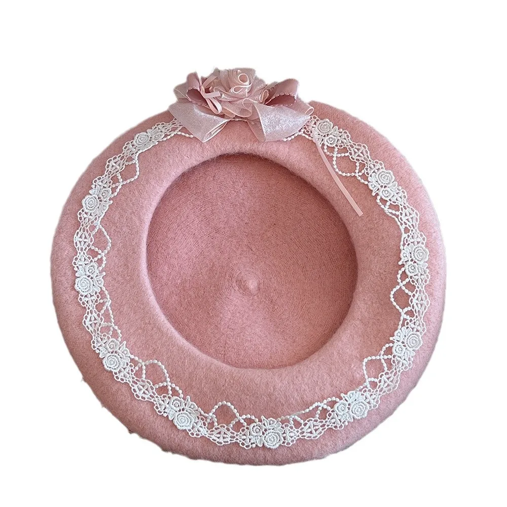 Sweet Pink Lolita Beret Hat with Lace Bow And Rose Flower Decor Kawaii Accessory for Sweet Lolita Cosplay And Fashion