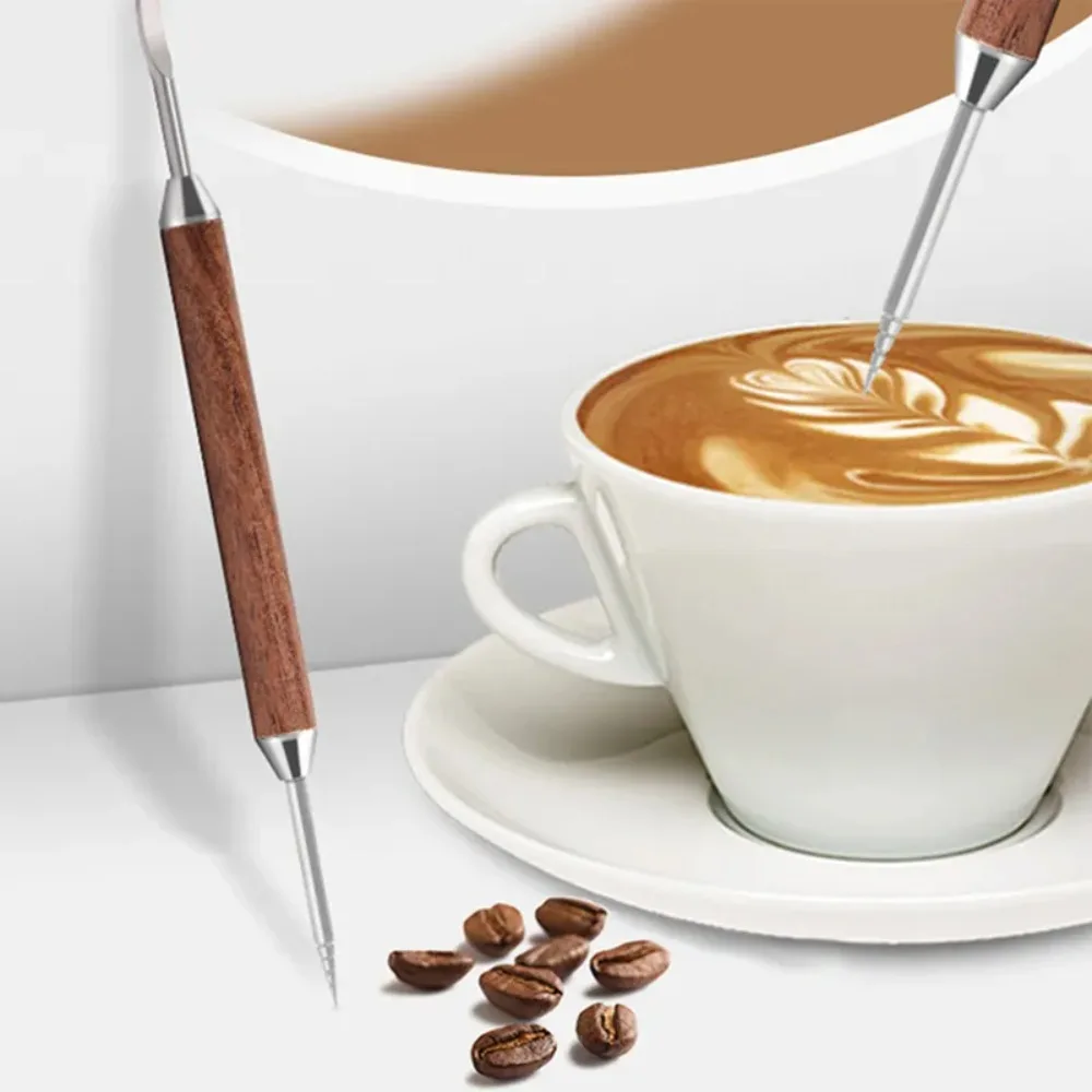 Stainless Steel Coffee Art Needles with Wood Handle with Box Coffee Latte Art Pen Double Ended Design Rustproof