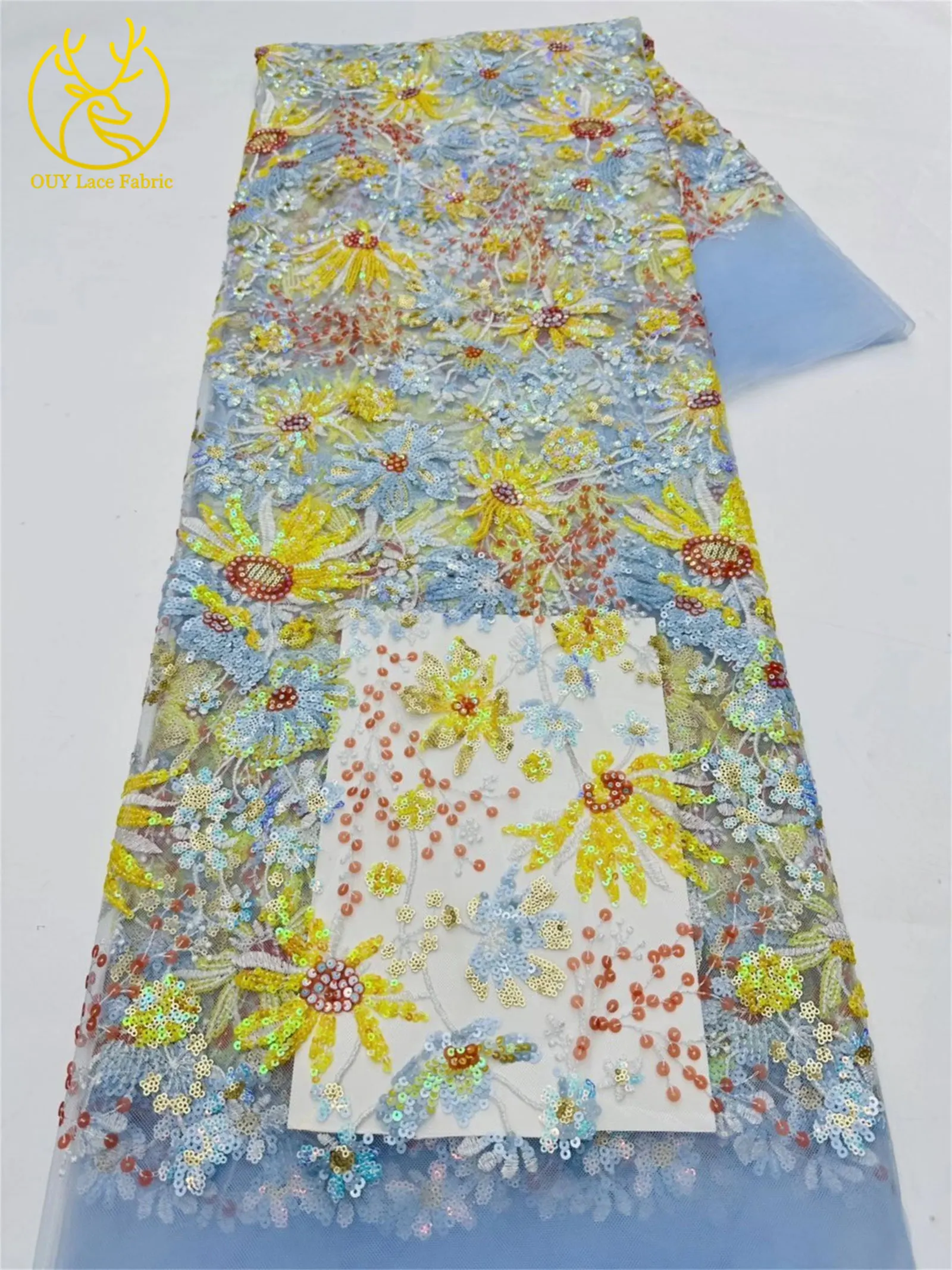 5 Yards des neuesten afrikanischen Pailletten bestickten Spitzenstoffs, hochwertiger französischer nigerianischer Mesh-Tüll-Spitzenstoff, Partykleid – Detail 18