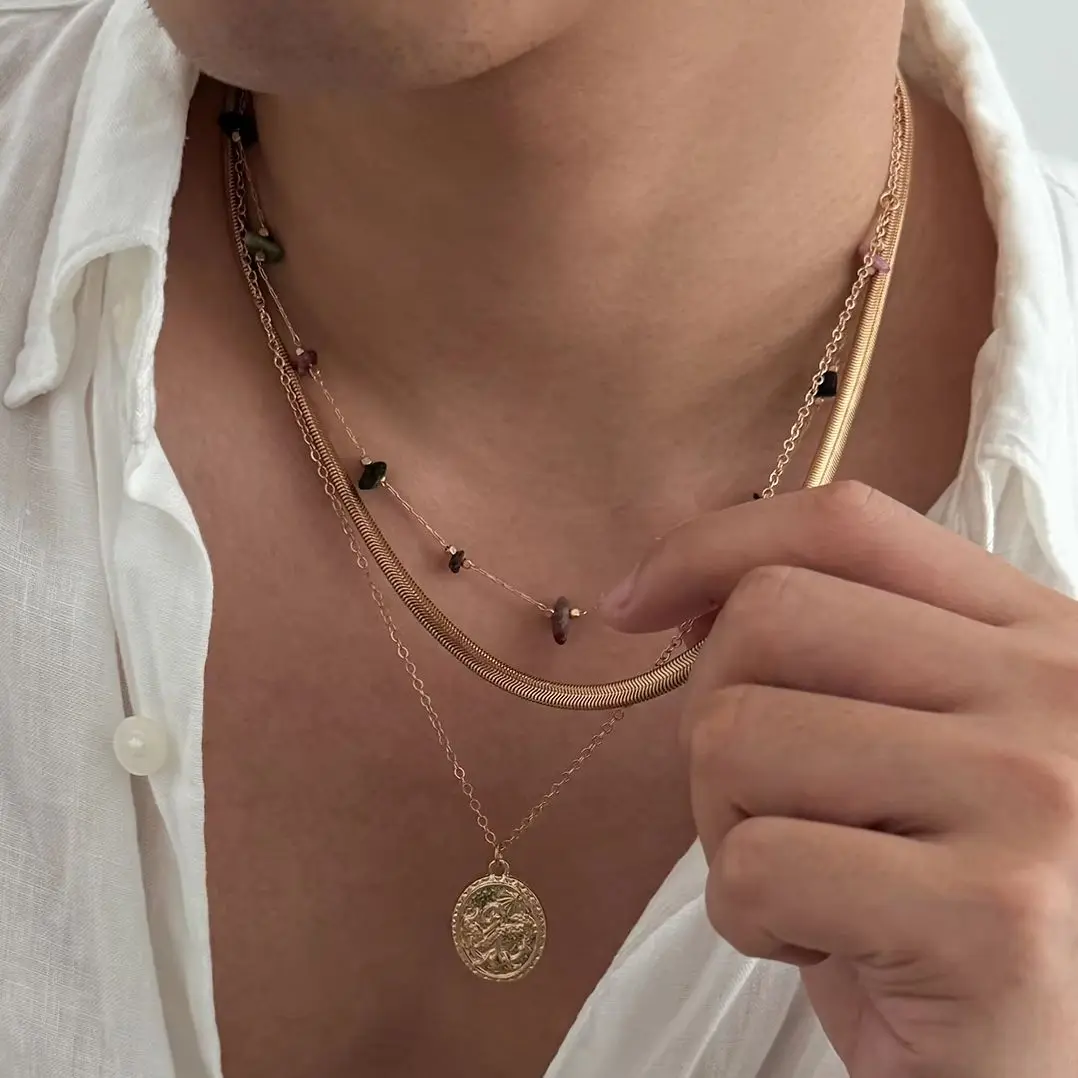 SHIXIN Boho Multilayer Metal Snake Chain Gold Color Coin Pendant Necklace Women Fashion Thick Clavicle Choker Jewelry Accessory