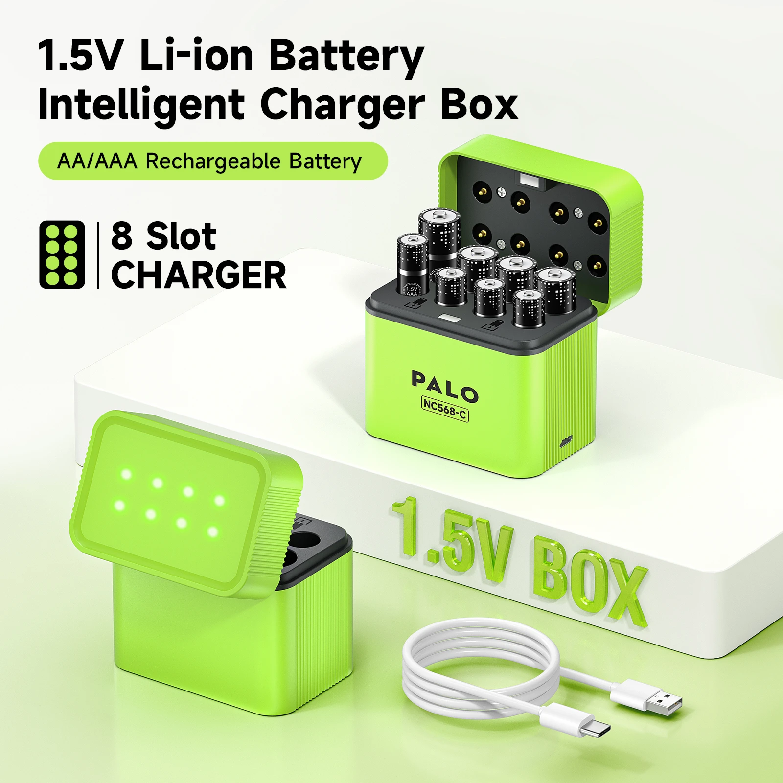 

PALO 3400mWh Li-ion 1.5V AA and AAA Rechargeable Batteries with 8-channel magnetic flip charger for 1.5V 2A 3A Lithium Batteries
